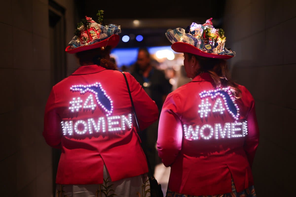 Women at the Democratic National Convention in Chicago wear their support for Florida’s Amendment 4 — the Right to Abortion Initiative — on August 19 (EPA)