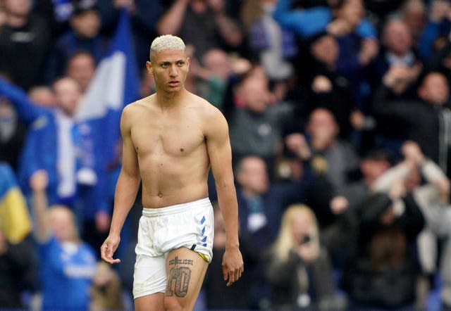 Everton’s Richarlison at full time after the Premier League match at Goodison Park, Liverpool