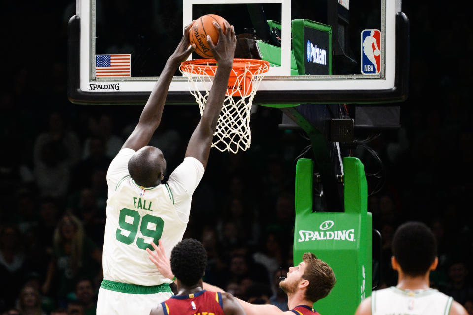 BOSTON, MA - OCTOBER 13: Tacko Fall #99 of the Boston Celtics dunks the ball against the Cleveland Cavaliers in the fourth quarter at TD Garden on October 13, 2019 in Boston, Massachusetts. NOTE TO USER: User expressly acknowledges and agrees that, by downloading and or using this photograph, User is consenting to the terms and conditions of the Getty Images License Agreement. (Photo by Kathryn Riley/Getty Images)