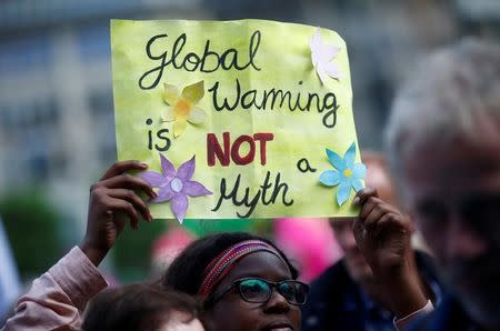 FILE PHOTO: People take part in protests ahead of the upcoming G20 summit in Hamburg, Germany July 2, 2017. Placard reads "Global Warming is NOT a Myth". REUTERS/Hannibal Hanschke/File Photo