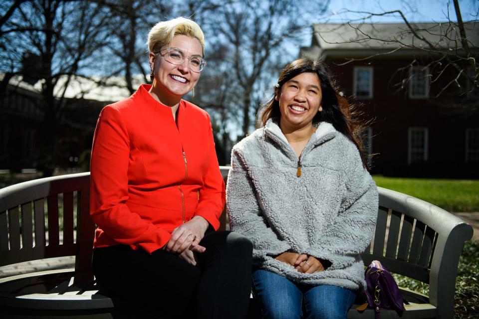 Brittany Arsiniega of the Justicia Project, left, poses for a portrait with Fatima Quintana at Furman University Wednesday, Feb. 18, 2021.