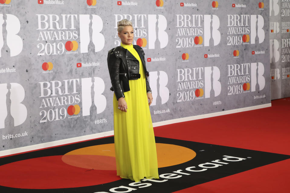 Singer Pink poses for photographers upon arrival at the Brit Awards in London, Wednesday, Feb. 20, 2019. (Photo by Vianney Le Caer/Invision/AP)