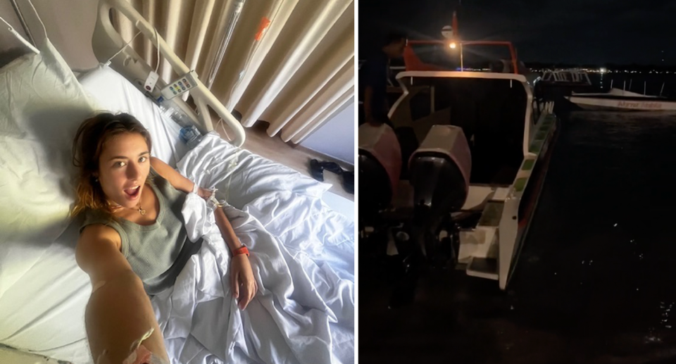 Marley lies in hospital bed (left) and was taken on a boat at night to Bali (right). 
