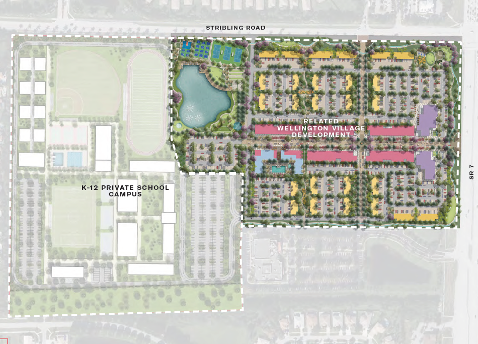 Rendering by Related Companies of a mixed-use development proposed for Wellington's K-Park property features a private K-12 school and a walkable district with residences, shops and restaurants.
