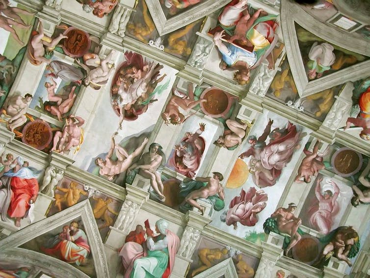 <span class="caption">Sistine Chapel ceiling, Vatican City, painted by Michelangelo between 1508 and 1512.</span> <span class="attribution"><a class="link " href="https://en.wikipedia.org/wiki/File:Chapelle_sixtine_plafond.jpg" rel="nofollow noopener" target="_blank" data-ylk="slk:Amandajm/Wikimedia Commons;elm:context_link;itc:0;sec:content-canvas">Amandajm/Wikimedia Commons</a></span>