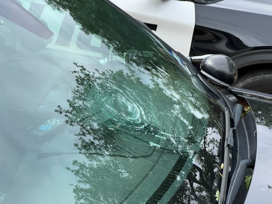Hail damage to a Johnson City police unit windshield (KXAN Photo/Todd Bailey)