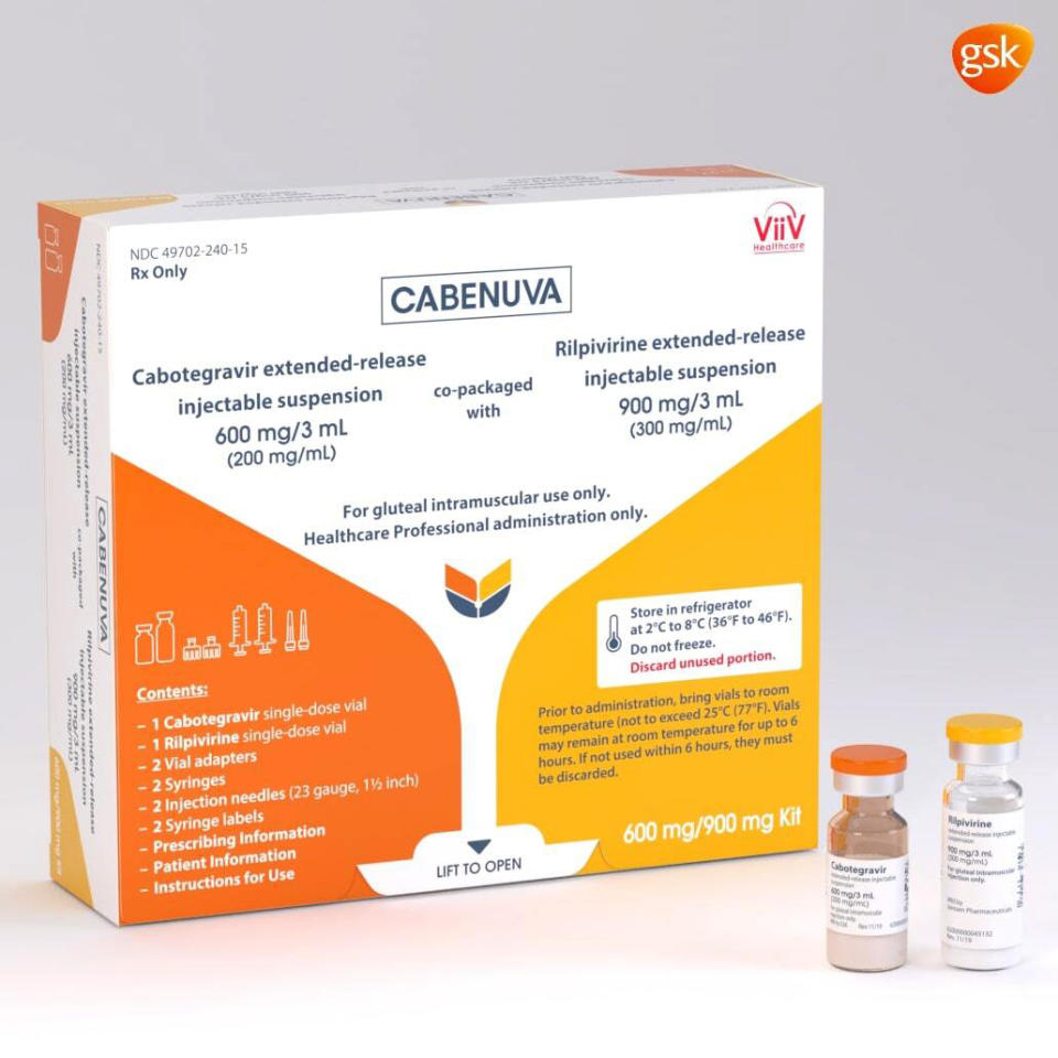 These illustrations, provided by drugmaker ViiV Healthcare on Thursday, Dec. 10, 2020, shows a rendering of the packaging and vials containing its new HIV treatment, Cabenuva, approved by the U.S. Food and Drug Administration on Thursday, Jan. 21, 2021. U.S. regulators have approved the first long-acting combo drug for HIV, monthly shots that can replace the daily pills that have been used for decades to control infection with the AIDS virus. Thursday’s approval of Cabenuva is expected to make it easier for people to stay on track with their HIV medicines and to do so with more privacy. (ViiV Healthcare via AP)