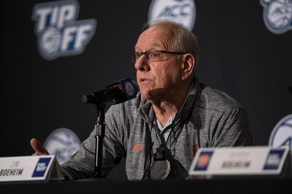 Syracuse head coach Jim Boeheim speaks during NCAA college basketball Atlantic Coast Conference media day, Tuesday, Oct. 12, 2021, in Charlotte, N.C. (AP Photo/Matt Kelley)