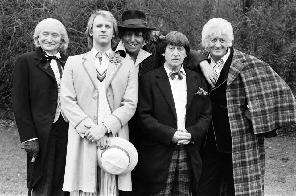 Photocall for special 90 minute Doctor Who episode titled 'The Five Doctors', which will celebrate 20 years of the sci fi series, 17th March 1983. Peter Davidson - the current doctor will be joined by his predecessors Patrick Troughton the 2nd doctor - Jon Pertwee the 3rd doctor & Tom Baker the 4th doctor will be seen in vintage footage, with the role of the first doctor being played by Richard Hurndall (standing in for the late William Hartnell. Actor Tom Baker did not attend the photocall & was substituted by his waxwork from Madame Tussauds. (Photo by Peter Stone/Mirrorpix/Getty Images)