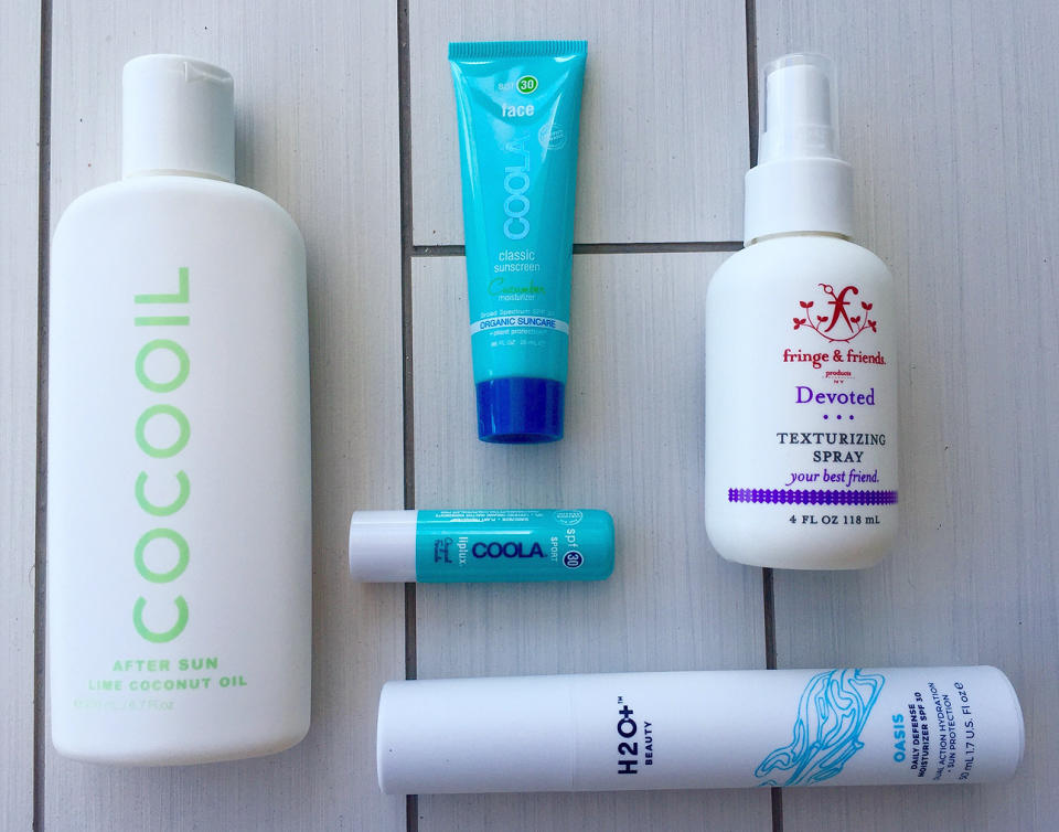 <p>A near-overdose of sunscreen was a must this weekend, so I brought my Coola classic face lotion and SPF 30 lip balm along. Spending day after day in the direct sun called for Cocooil after sun lotion and H2O+ moisturizer--my post-beach essentials. Although the humidity in Miami wasn't a friend to my hair, Fringe & Friends texturizing spray helped me turn the frizz into surfer-cool waves.</p> <p><strong>Shop the look: </strong>Cocooil After Sun Oil, $25; <a rel="nofollow noopener" href="http://www.anrdoezrs.net/links/7799179/type/dlg/sid/iscvswimweek/http://www.urbanoutfitters.com/urban/catalog/productdetail.jsp?id=35945021" target="_blank" data-ylk="slk:urbanoutfitters.com;elm:context_link;itc:0;sec:content-canvas" class="link ">urbanoutfitters.com</a>. Coola SPF, $32; <a rel="nofollow noopener" href="http://shop.coolasuncare.com/classic-face-sunscreen-spf-30-cucumber-moisturizer" target="_blank" data-ylk="slk:coolasuncare.com;elm:context_link;itc:0;sec:content-canvas" class="link ">coolasuncare.com</a>. Fringe & Friends Texturizing Spray, visit <a rel="nofollow noopener" href="http://www.fringeny.com/products/shop.html" target="_blank" data-ylk="slk:Fringe Salon;elm:context_link;itc:0;sec:content-canvas" class="link ">Fringe Salon</a>. Coola Liplux, $12; <a rel="nofollow noopener" href="http://shop.coolasuncare.com/liplux-lip-sunscreen-spf-30-original" target="_blank" data-ylk="slk:coolasuncare.com;elm:context_link;itc:0;sec:content-canvas" class="link ">coolasuncare.com</a>. H2O+ Beauty Moisturizer SPF, $42; <a rel="nofollow noopener" href="https://www.h2oplus.com/oasis-daily-defense-moisturizer-spf-30/" target="_blank" data-ylk="slk:h2oplus.com;elm:context_link;itc:0;sec:content-canvas" class="link ">h2oplus.com</a>. </p>