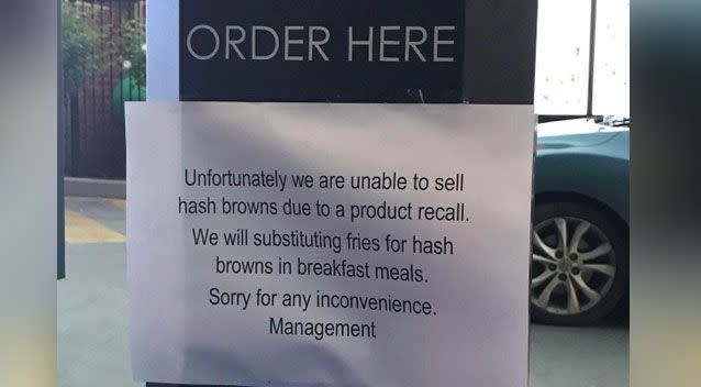 A hashbrown shortage was reported at multiple Victorian stores on Thursday. Photo: Twitter