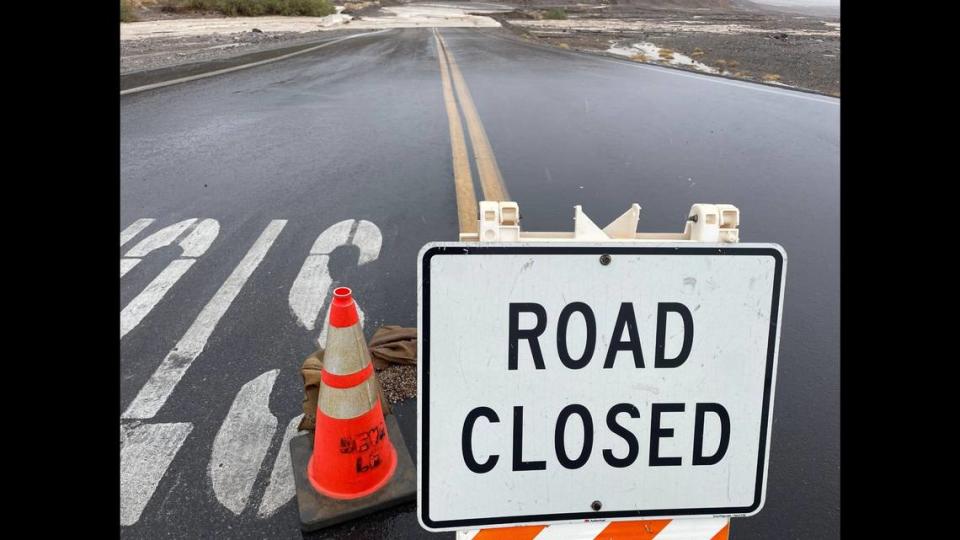 Park rangers closed Badwater Road in anticipation of flooding from Hurricane Hilary in Death Valley.