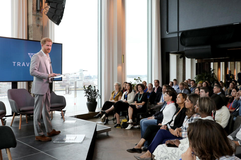 AMSTERDAM, NETHERLANDS - SEPTEMBER 03: Prince Harry, Duke of Sussex announces a partnership between Booking.com, SkyScanner, CTrip, TripAdvisor and Visa called 'Travalyst' at A'dam Tower on September 03, 2019 in Amsterdam, Netherlands. The initiative is to help transform the travel industry to better protect tourist destinations. (Photo by Chris Jackson/Getty Images)