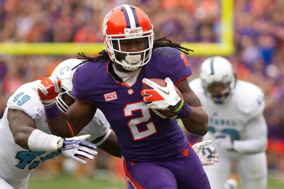 Nov 23, 2013; Clemson, SC, USA; Clemson Tigers wide receiver Sammy Watkins (2) carries the ball during the first quarter of the game against the Citadel Bulldogs at Clemson Memorial Stadium.