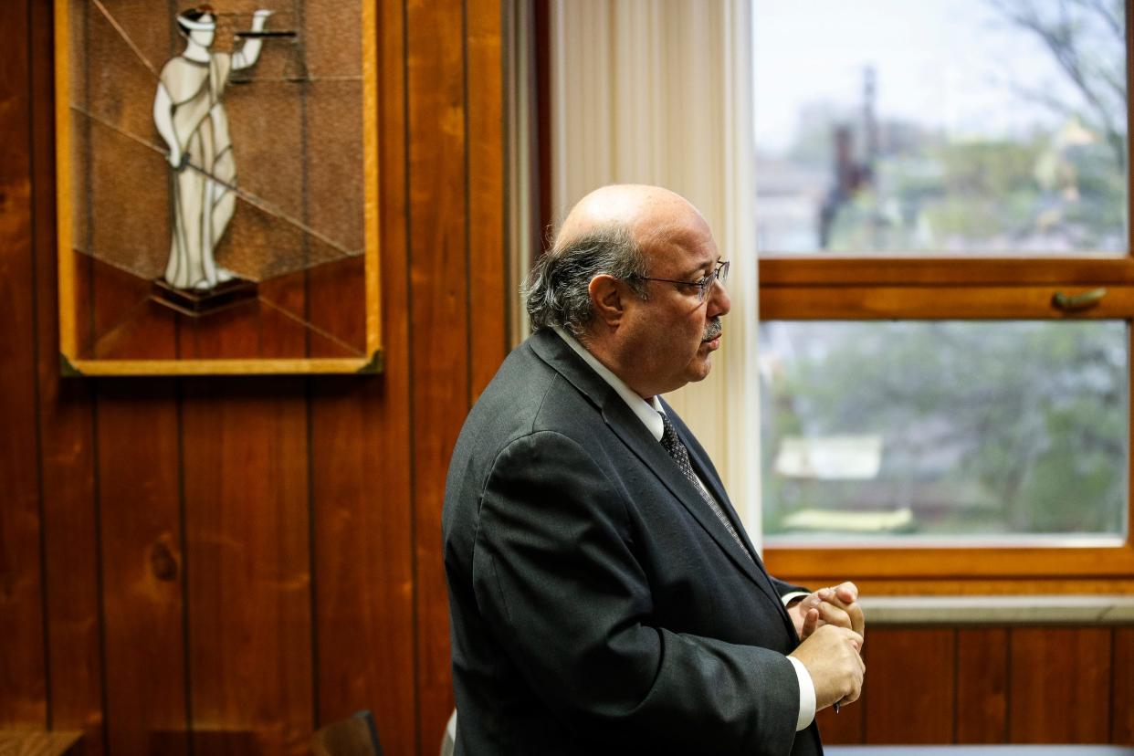 Bill Colovos, attorney for Marshella Chidester, 66, of Newport, speaks during Chidester's arraignment at First District Court in Monroe on Tuesday, April 23, 2024.