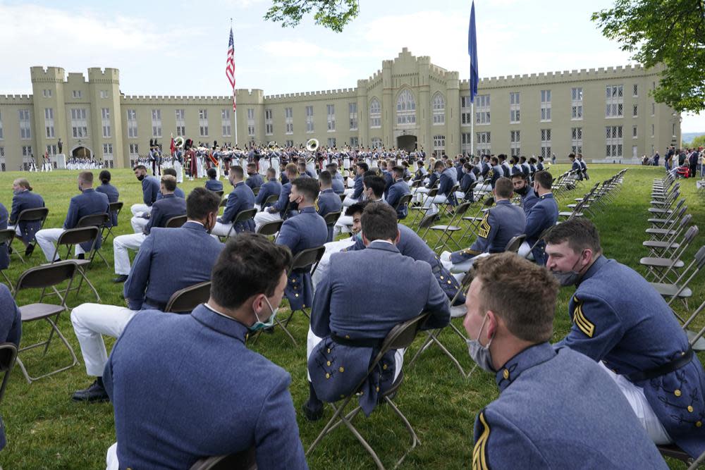 Virginia Military Institute class of 2021 watch during a change of command parade and ceremony on the parade grounds at the school in Lexington, Va., in this Friday, May 14, 2021, file photo. (AP Photo/Steve Helber, File)