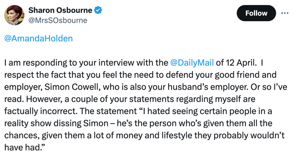 The beginning of Osbourne’s X/Twitter message to Holden (Twitter via @MrsSOsbourne)