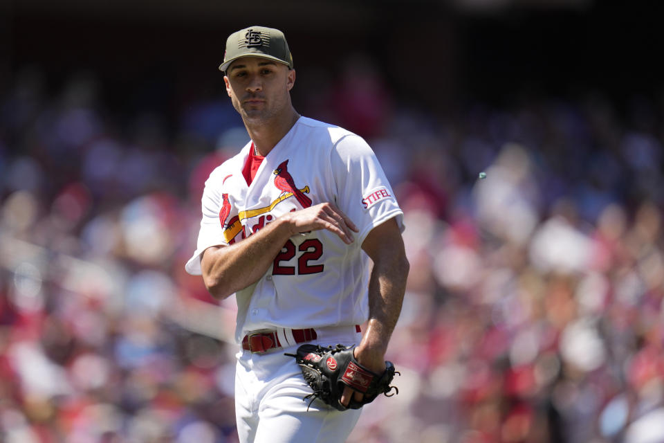 St. Louis Cardinals starting pitcher Jack Flaherty tosses his gum after being removed during the fifth inning of a baseball game against the Los Angeles Dodgers Sunday, May 21, 2023, in St. Louis. (AP Photo/Jeff Roberson)