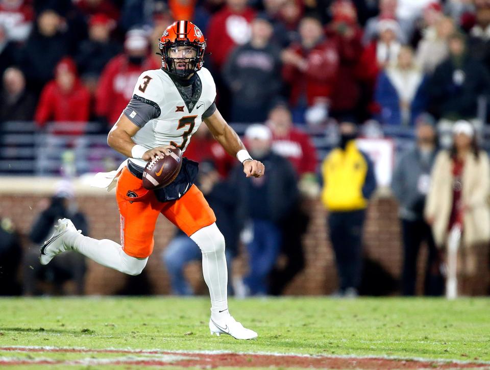 Oklahoma State's Spencer Sanders threw for 381 yards with one touchdown and four interceptions in Bedlam.