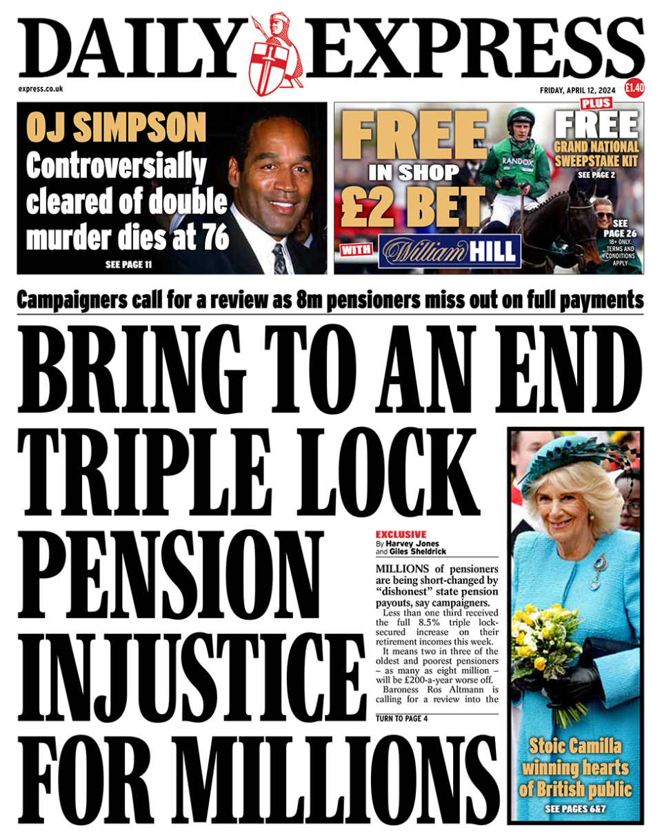 The headline in the Express reads: "Bring to an end triple lock pension injustice for millions".