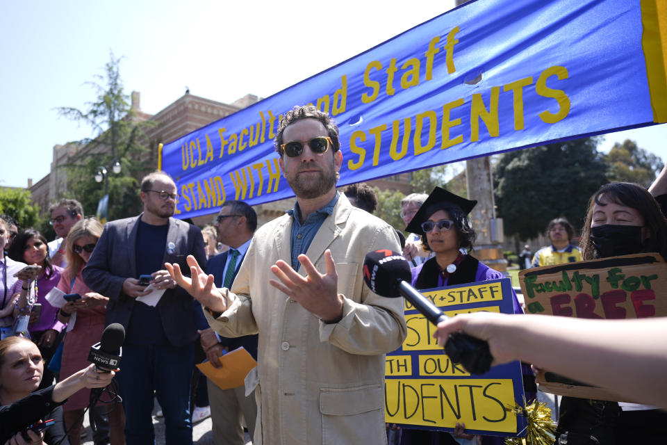 UCLA professor Nick Shapiro speaks at a news conference on the UCLA campus, after nighttime clashes between Pro-Israel and Pro-Palestinian groups, Wednesday, May 1, 2024, in Los Angeles. (AP Photo/Jae C. Hong)