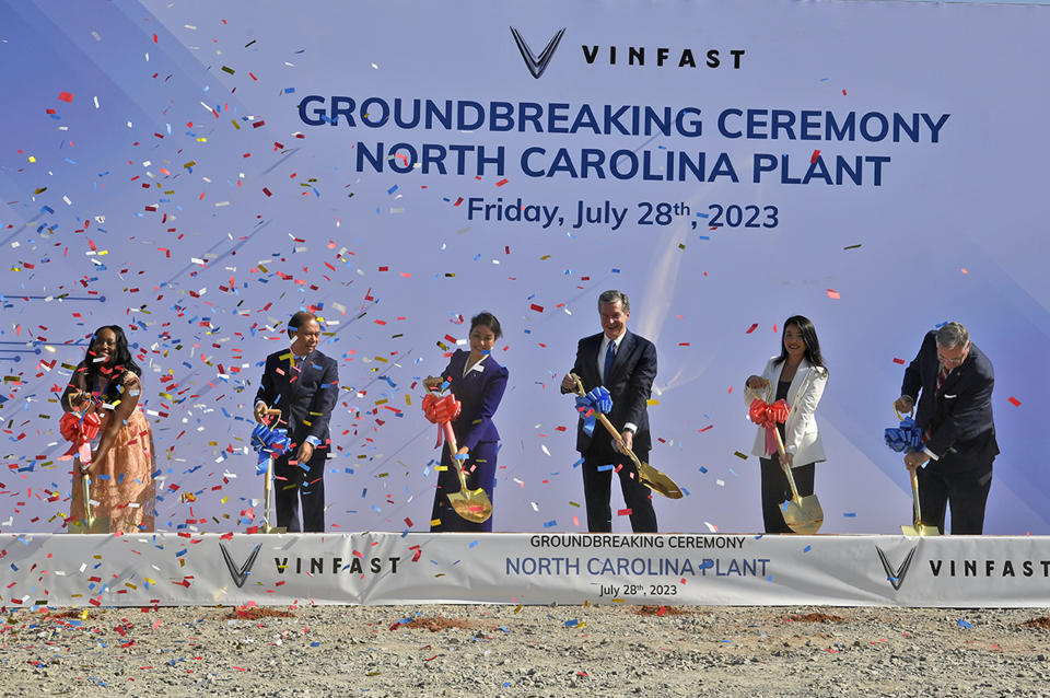 CHATHAM COUNTY, NORTH CAROLINA - July 28:  Electric carmaker Vinfast breaks ground in its $4B NC manufacturing plant located within the Triangle Innovation Point on July 28, 2023 in CHATHAM COUNTY, NORTH CAROLINA. The Vietnamese car maker is set to bring 7,500 jobs to the area (Photo by Nick Ut/Getty Images)