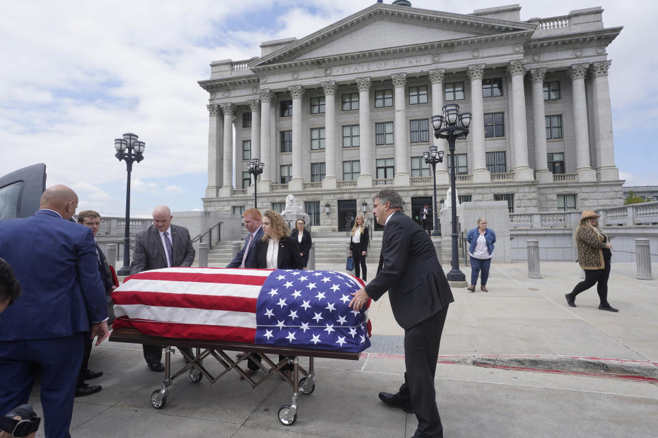 Former U.S. Sen. Orrin Hatch's casket arrives at the Utah Capitol Wednesday, May 4, 2022, in Salt Lake City. Hatch, the longest-serving Republican senator in history and a fixture in Utah politics for more than four decades, died last month at the age of 88. (AP Photo/Rick Bowmer)