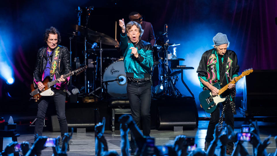 Ronnie Wood, Mick Jagger and Keith Richards are seen performing onstage during the final stop of the 