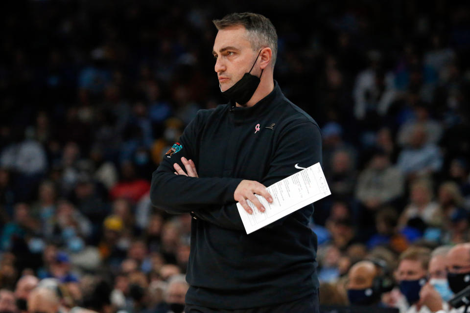 January 14, 2022;  Memphis, Tennessee, USA;  Memphis Grizzles interim head coach Darko Rajakovic looks on during the first half against the Dallas Mavericks at FedExForum.  Mandatory Credit: Petre Thomas - USA TODAY Sports