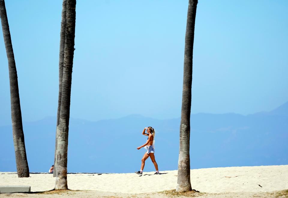 A visitor walks under palm trees in Venice Beach amid triple-digit temperatures in various parts of Southern California.