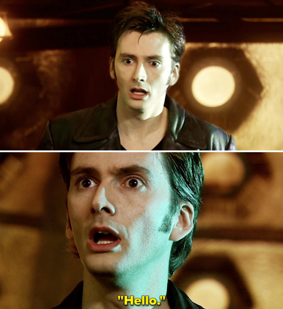 The Tenth Doctor with his mouth open and the word, "Hello"