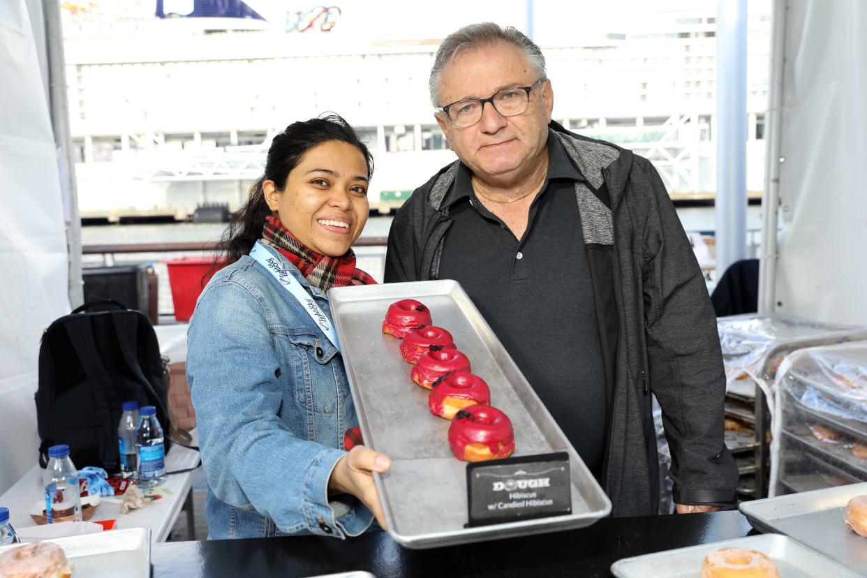 Steven Klein (right) of Dough attends Backyard BBQ presented by Pat LaFrieda Meats and National Beef hosted by Andrew Zimmern during Food Network & Cooking Channel New York City Wine & Food Festival presented by Capital One at Pier 86 on October 17, 2021 in New York City.