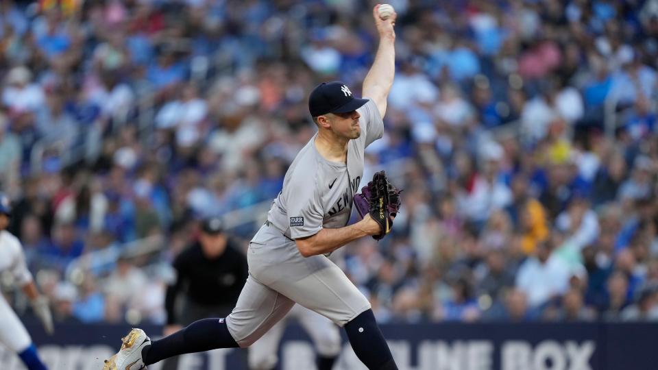 New York Yankees starting pitcher Carlos Rodon (55) pitches to the Toronto Blue Jays during the first inning at Rogers Centre. 