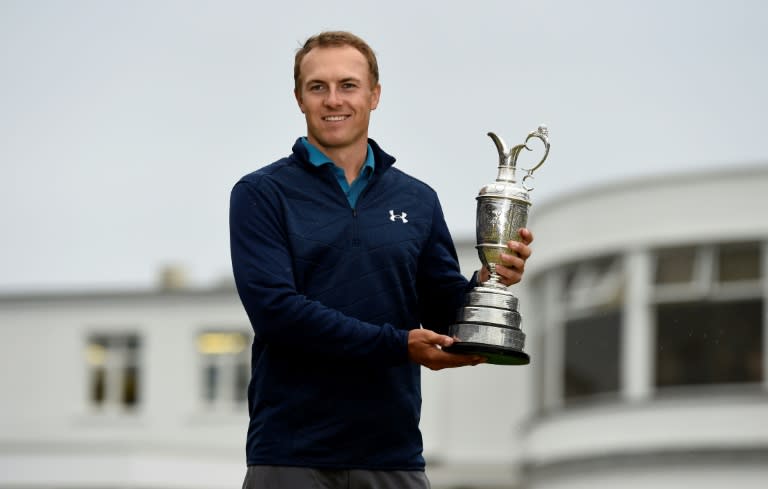 US golfer Jordan Spieth poses for pictures with the Claret Jug