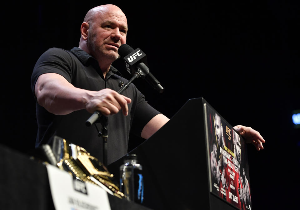 ABU DHABI, UNITED ARAB EMIRATES - OCTOBER 28: UFC president Dana White hosts the UFC 267 press conference at Etihad Arena on October 28, 2021 in Abu Dhabi, United Arab Emirates. (Photo by Mike Roach/Zuffa LLC)