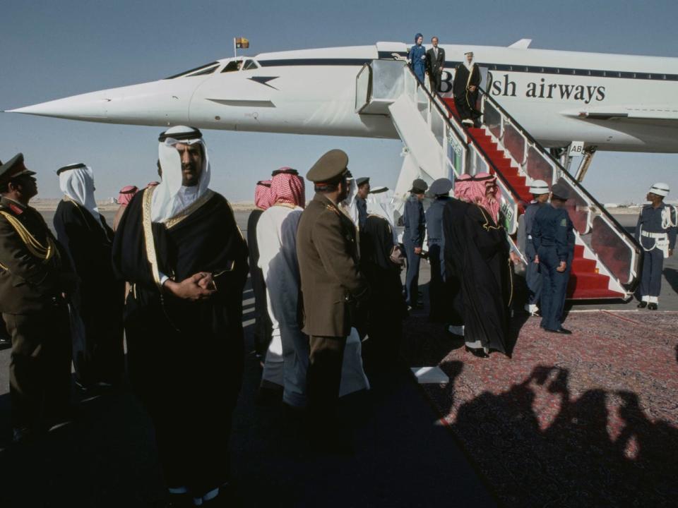 British Royal Queen Elizabeth II and Prince Philip, Duke of Edinburgh, descend the steps from Concorde at Riyadh Aiport in Riyadh, Saudi Arabia, on February 17 1979.