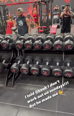 <p>DJ Pauly/Instagram</p> Pauly D and his tour manager Kook (left) hit the gym in Las Vegas.