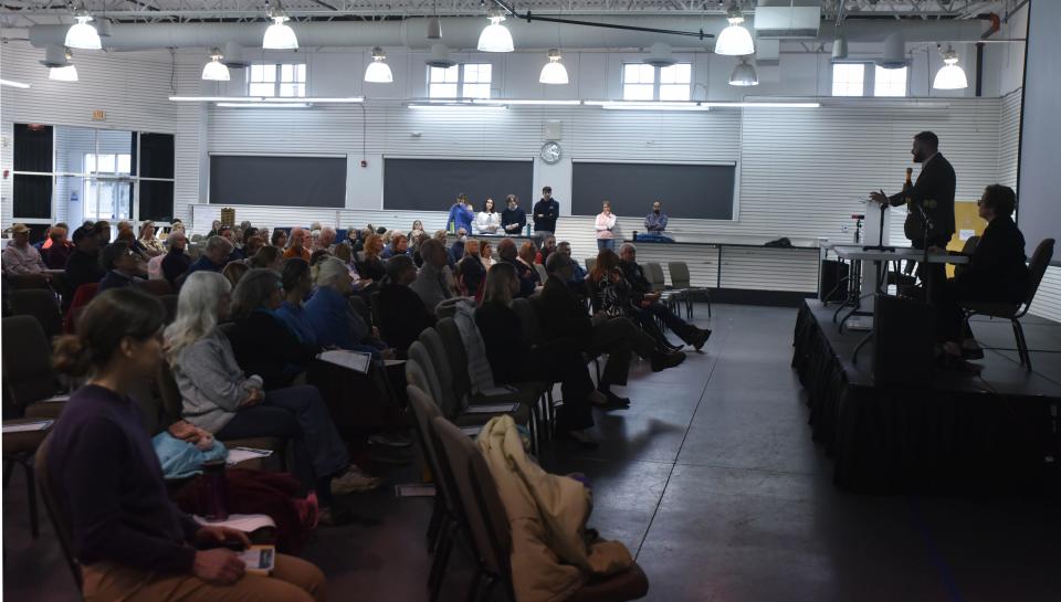 State Sen. Julian Cyr, D-Truro, spoke on Saturday in Hyannis at a program about PFAS and the community. About 75 people including students attended the program with panelists, two films and time for audience questions.