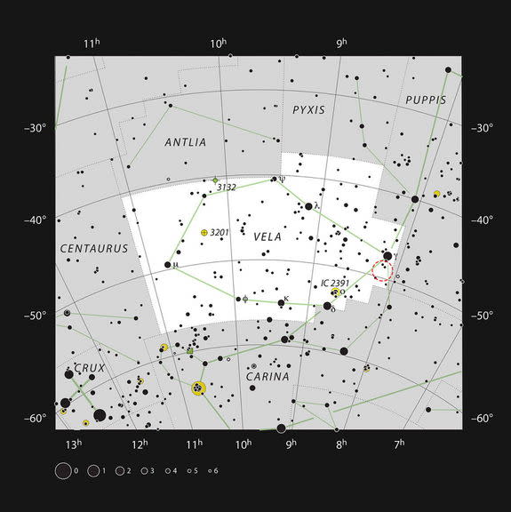 This chart shows the constellation Vela (The Sails); most of the stars that can be seen in a dark sky with the unaided eye are marked.