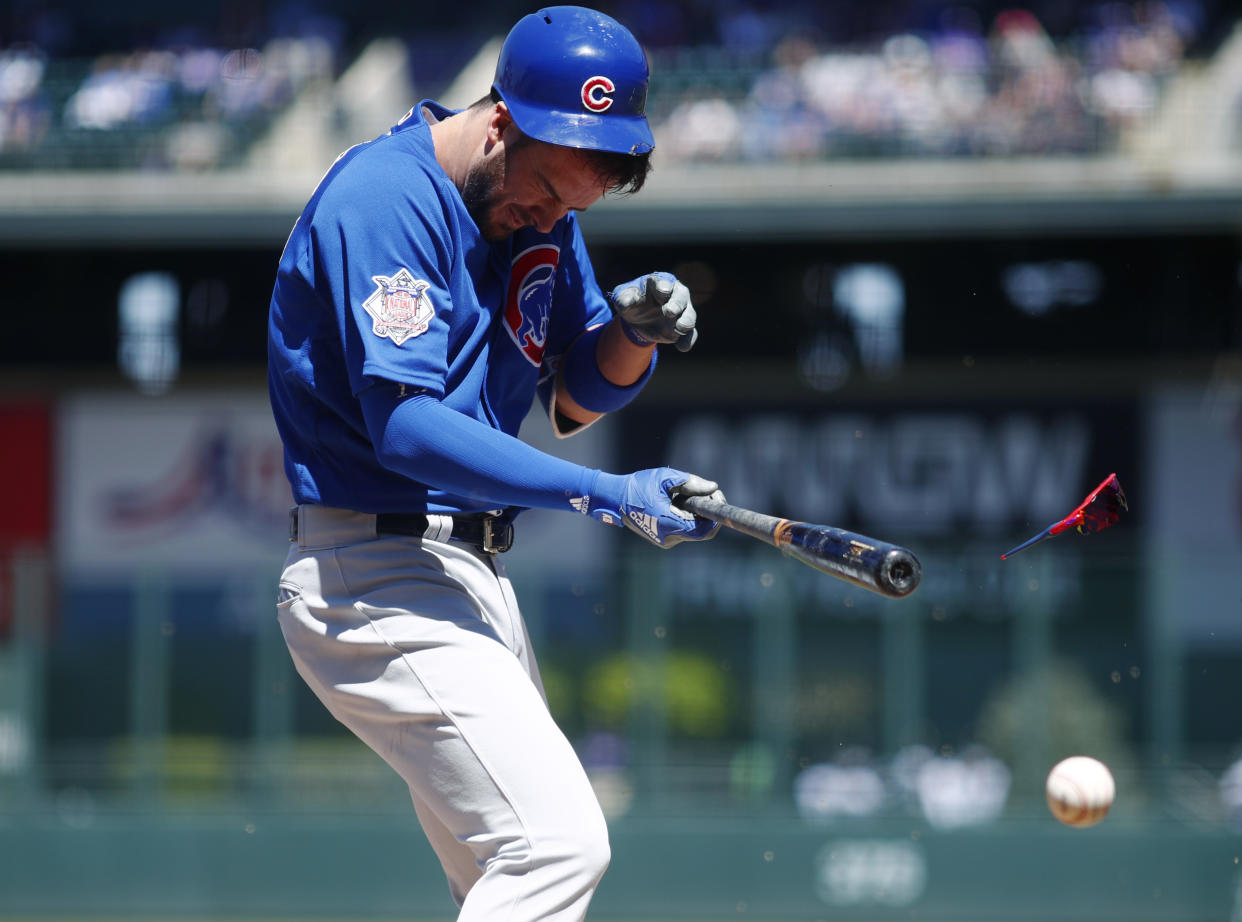 Kris Bryant was hit in the head with a 96 mph fastball Sunday. (AP Photo/David Zalubowski)