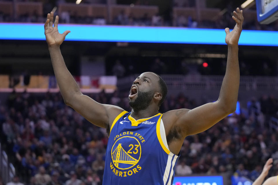 Golden State Warriors forward Draymond Green (23) reacts after being called for a foul against the Portland Trail Blazers during the first half of an NBA basketball game in San Francisco, Tuesday, Feb. 28, 2023. (AP Photo/Jeff Chiu)