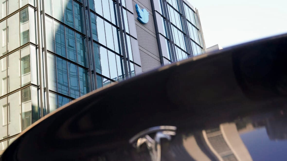 A sign is pictured outside the Twitter headquarters in San Francisco on Oct. 26, 2022. (AP Photo/Godofredo A. Vásquez)