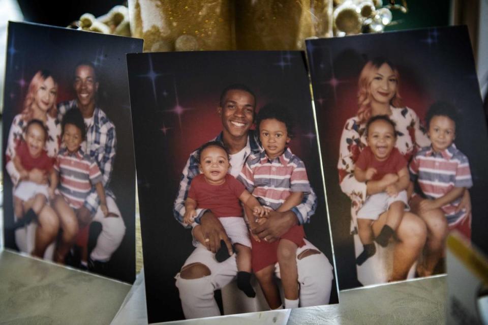 Pictures showing Stephon Clark and his wife Salena Manni, and sons Aiden Clark, 3, and Cairo Clark, 1, rested on a table inside his grandmother Sequita Thompson’s home in Sacramento, Calif., in 2018. The police officers who fatally shot Stephon Clark were cleared Thursday, Sept. 27, 2019, by the Sacramento Police Department, which said they did not violate policy or training and will return to duty.