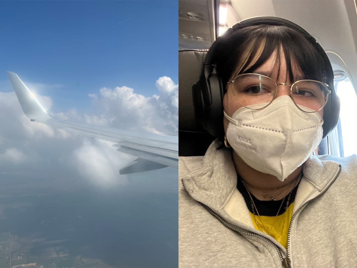 A side-by-side imgae of a plane wing in the sky, silhouetted by some clouds, and author Libby Torres sitting in a window seat on an American Airlines flight wearing a gray sweatshirt, black headphones, wire-rimmed glasses, and white KN95 face mask.