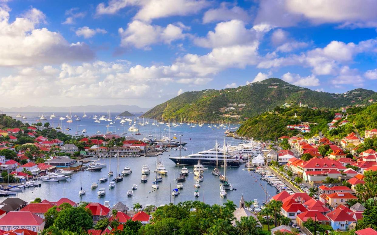 Saint Barthelemy skyline and harbor in the West Indies of the Caribbean.