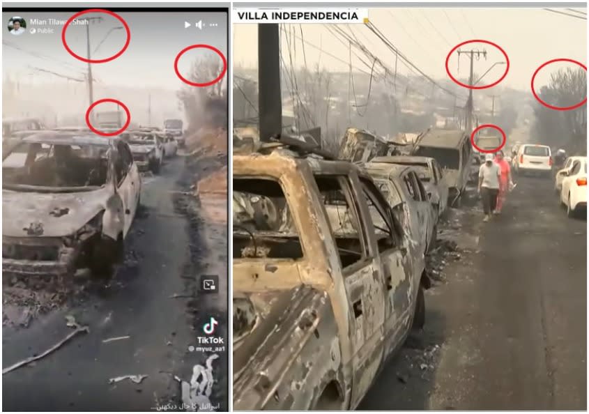 <span>Screenshot comparison of the clip from the false post (left) and the footage from the news video report (right), with similarities highlighted</span>