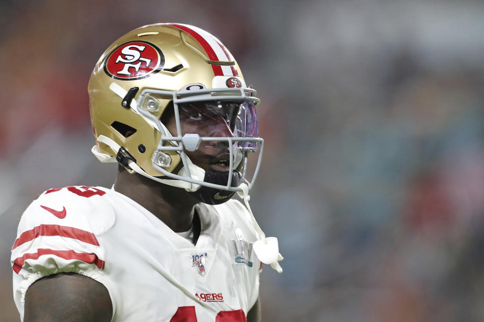 San Francisco 49ers wide receiver Deebo Samuel is undergoing surgery Thursday after breaking a bone in his left foot during informal workouts with teammates in Tennessee. (AP Photo/Gregory Payan)