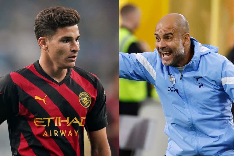 Julián Álvarez y Pep Guardiola, protagonistas del Manchester City