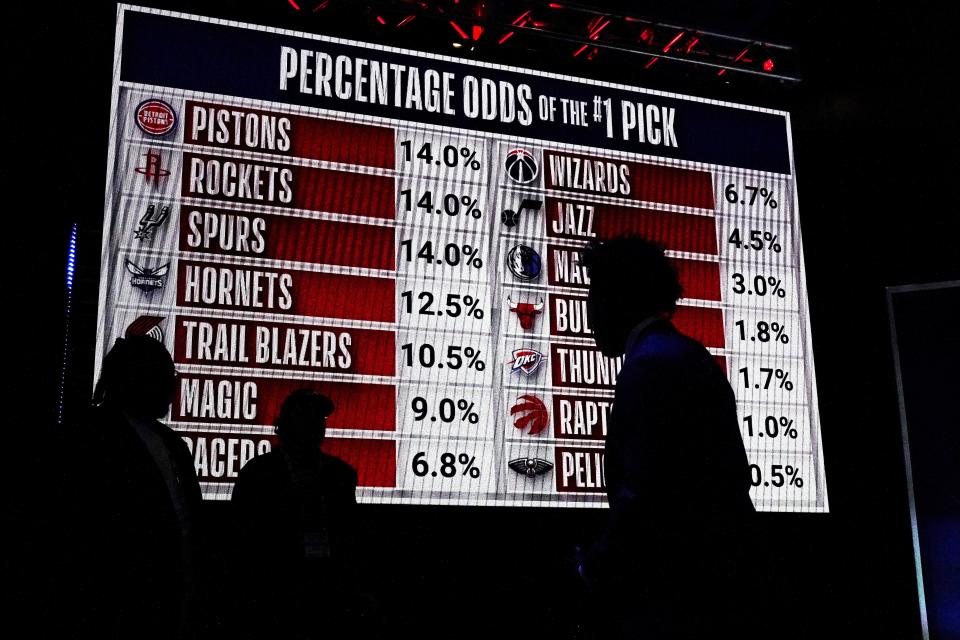 People look at the draft lottery order during the NBA basketball draft lottery in Chicago, Tuesday, May 16, 2023. | Nam Y. Huh, Associated Press