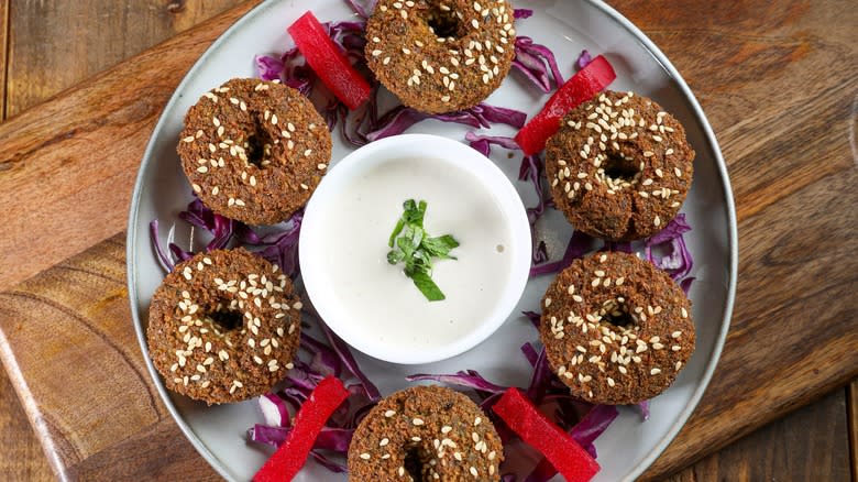 plate falafel sesame seeds tahini